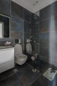 a bathroom with a toilet and a sink and a shower at Valeria's Sea View Apartment in Athens