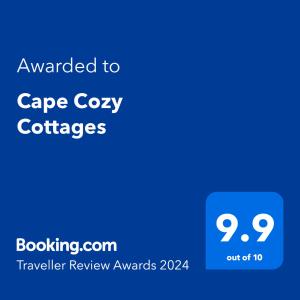 Un certificat, premiu, logo sau alt document afișat la Cape Cozy Cottages