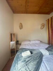 Habitación Matrimonial en Totoralillo Glamping في توتوراليلو: غرفة نوم مع سرير ومرآة على الحائط