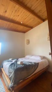 Habitación Matrimonial en Totoralillo Glamping في توتوراليلو: سرير في غرفة ذات سقف خشبي