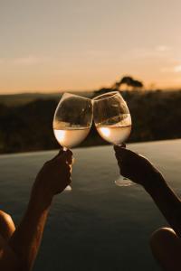 Due persone che tengono bicchieri di vino davanti all'acqua di Casa Ônix View (15km AltoParaíso) - Viagem Inspirada a São João da Aliança