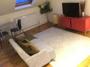 a living room with a couch and a tv at Fabulous Central Studio Apartment - Flat 4 Highbury in London