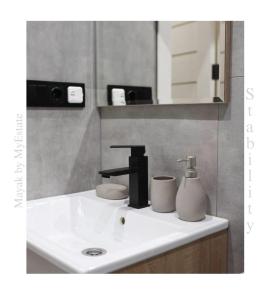a bathroom sink with a faucet and a mirror at Aparthotel "Mayak Yablunytsia" in Yablunytsya