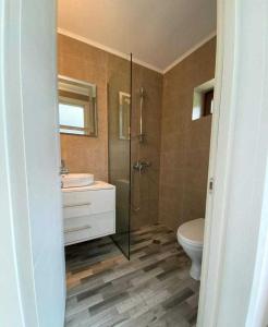 a bathroom with a shower and a toilet and a sink at 2.040 in Bakuriani