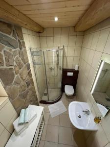 a bathroom with a shower and a sink and a toilet at Penzión Skorušina in Brezovica
