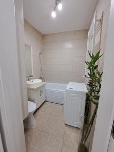 a bathroom with a sink and a toilet and a tub at Siena Cozy retreat with self check in in Popeşti-Leordeni