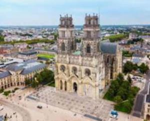 un vieux bâtiment avec une ville en arrière-plan dans l'établissement Chaleureux appart, proche de La Loire avec parking, à Orléans