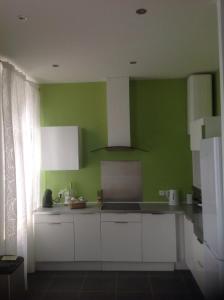 a kitchen with green walls and white cabinets at Chez Eudoxe in Orléans