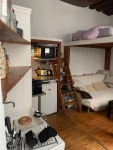 Mały pokój z kuchnią i łóżkami piętrowymi w obiekcie Studio charmant au cœur de Paris ! w Paryżu