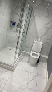 y baño blanco con aseo y ducha. en Crestfield Lodge en Thamesmead