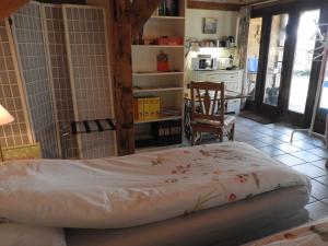 a bedroom with a bed in a room with a kitchen at Bed&Breakfast 't Eikeltje in Hollandscheveld