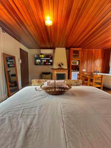 a bedroom with a large bed with a wooden ceiling at Chalés Leopoldo em Monte Verde in Monte Verde +63 photos