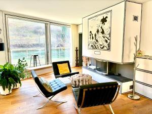 a living room with two chairs and a fireplace at AareSüdhang Loft Bern - Yacht feeling in Bern