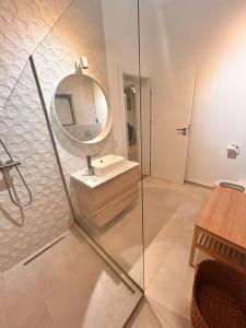a bathroom with a sink and a mirror at Apartament Anca in Sibiu