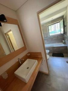 a bathroom with a sink and a toilet and a mirror at Chapelco Golf - Cabaña a Estrenar in San Martín de los Andes
