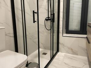 a bathroom with a glass shower with a toilet at U1 Ap Nuevo, bien comunicado Madrid centro in Madrid