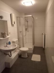 ein Bad mit einer Dusche, einem WC und einem Waschbecken in der Unterkunft Herberge-Duisburg-Beeck in Duisburg