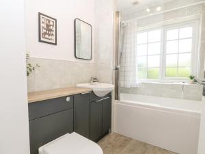 a bathroom with a sink and a toilet and a bath tub at Glan Dwr in Pentraeth +25 photos