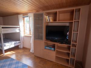 a living room with a tv and a book shelf at Högerödja in Hultsfred