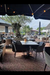 un patio al aire libre con mesas, sillas y un árbol en Chalet am See, en Lathum