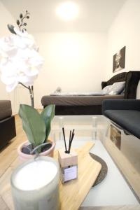 a living room with a table with a plant and a couch at Comfort Apartment HG in Vienna