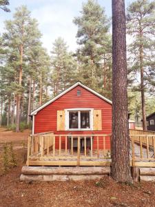 eine rote Hütte im Wald mit einem Baum in der Unterkunft Stuga ROS Naturcamping Lagom in Gräsmark