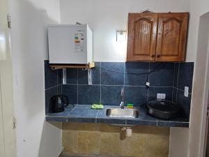 encimera de cocina con fregadero y microondas en Hospedaje Los 7 Arcangeles en Termas de Río Hondo