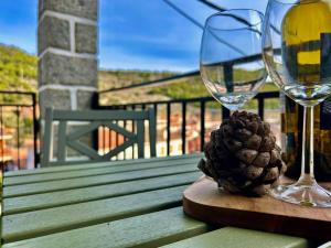 El Hoyo de Pinares的住宿－Casa Rural, “El Andador”，一杯葡萄酒和一张桌子上的松锥