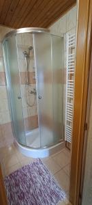 a shower with a glass enclosure in a bathroom at Apartmány Grobarčík in Zuberec +37 photos