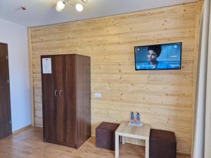 a room with a wooden wall with a tv on it at Ale Widok in Wisła