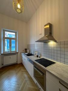 uma cozinha com um lavatório e um fogão forno superior em Stilvolle Wohnung in Bestlage em Bayreuth