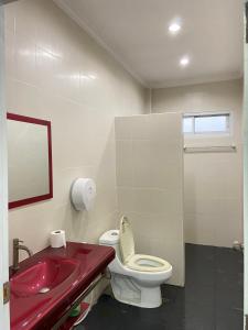 崗卡章的住宿－บ้านกลางหุบเขา แก่งกระจาน，一间带红色盥洗盆和卫生间的浴室