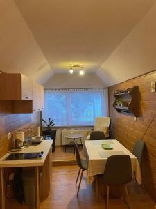 a kitchen and living room with a table and chairs at Apartament U Joli in Tylicz
