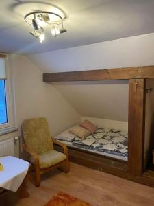a room with a bed and a chair and a table at Apartament U Joli in Tylicz