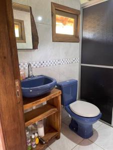 Benedito NovoにあるRecanto da Liberdadeのバスルーム(青いトイレ、シンク付)