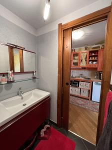 a bathroom with a sink and a door to a kitchen at Casa Agnes in Bardonecchia +7 photos