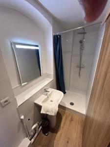 een kleine badkamer met een wastafel en een douche bij Paris Sacré Coeur et Tour Eiffel in Parijs