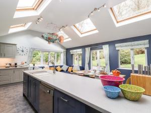 a kitchen with blue walls and skylights at Merlestead in Applethwaite