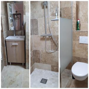 twee foto's van een badkamer met een douche en een toilet bij Le gîte d'églantine in Eyguières