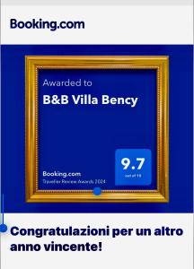 Πιστοποιητικό, βραβείο, πινακίδα ή έγγραφο που προβάλλεται στο B&B Villa Bency