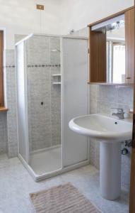 een badkamer met een glazen douche en een wastafel bij Residence Malibu Appartamento 2 in Falcade