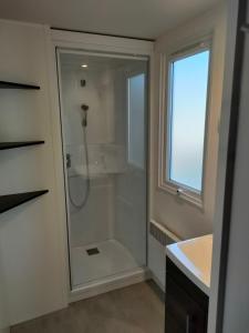 a bathroom with a shower with a glass door at Mobil home Menanteau in Les Mathes