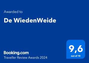 Certifikát, hodnocení, plakát nebo jiný dokument vystavený v ubytování De WiedenWeide