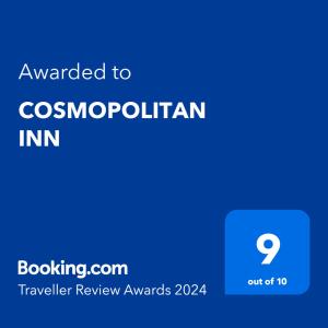 a blue screen with the words awarded to cosmopolitanian inn at COSMOPOLITAN INN in Ventanilla