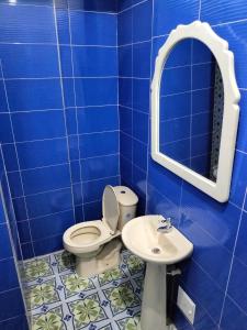 La salle de bains est pourvue de carrelage bleu, de toilettes et d'un lavabo. dans l'établissement Lienzo Hostel and Mural Art Museum, à Popayan