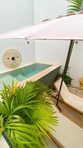 um quarto com piscina e algumas plantas em The Honest Hotel em Sevilha