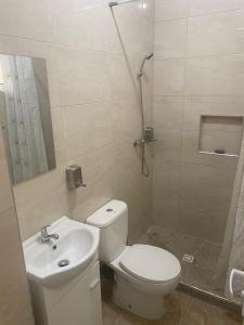 ein Bad mit einem WC, einem Waschbecken und einer Dusche in der Unterkunft Norespaço - Le cap sud in Tarrafal