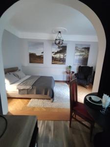ein Schlafzimmer mit einem großen Bett und einem Stuhl in der Unterkunft Oaza 26 deo 2 in Belgrad