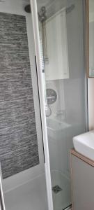 a bathroom with a shower and a toilet and a sink at Littlesea-wv55 Weymouth in Wyke Regis