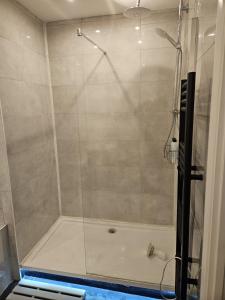 a shower with a glass door in a bathroom at Luxury 2x Bedroom (3x Beds - Sleeps 5) & 1x Bathroom Apartment (Shower & Bath) in Cardiff